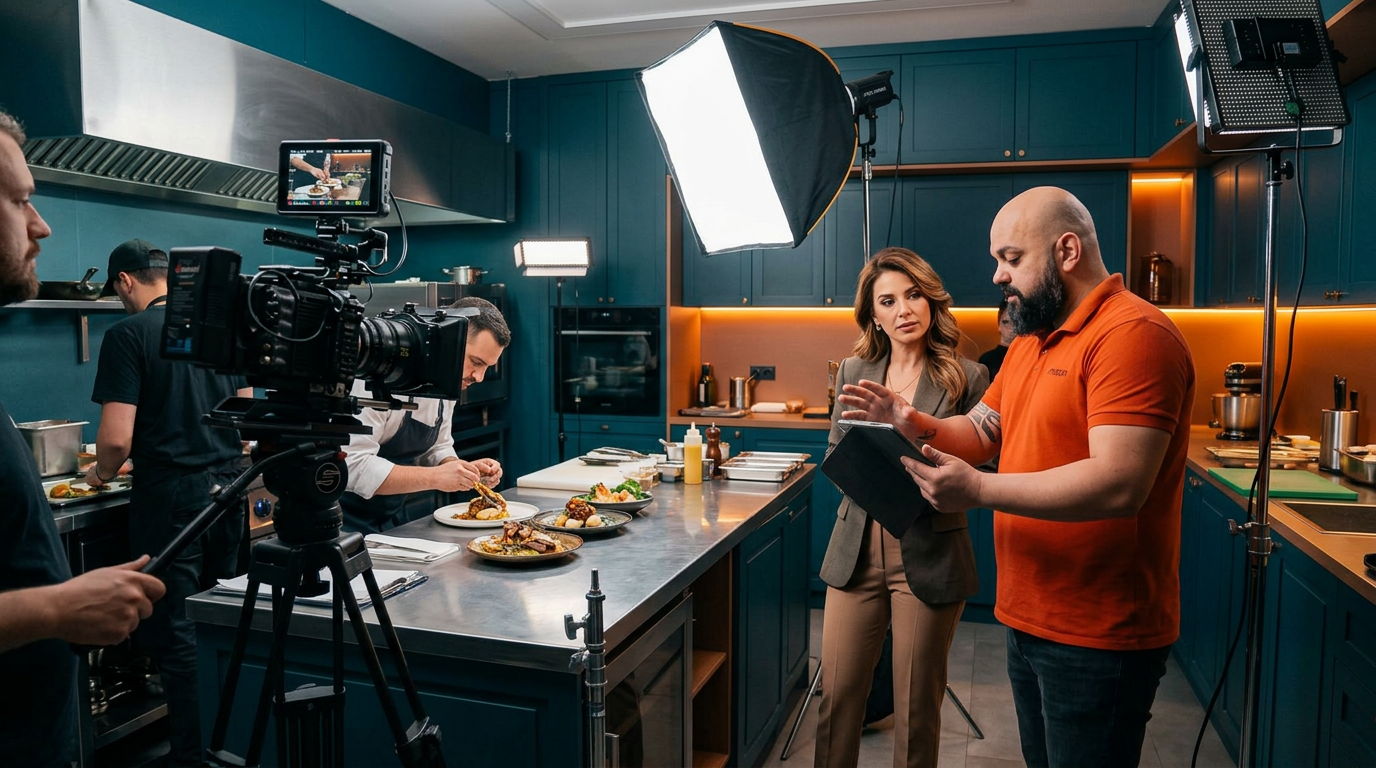 Set de gravação da Âmbiton em cozinha profissional: fundador com tablet explicando o roteiro para a apresentadora, câmeras e iluminação montadas